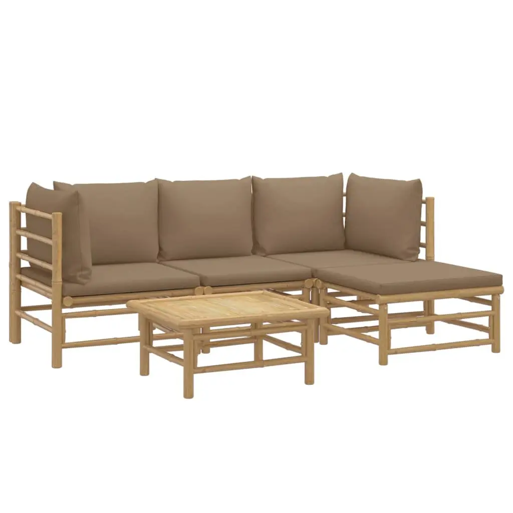 5 Piece Brown Bamboo Outdoor Lounge Set Cushioned Garden Furniture