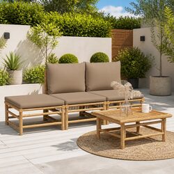Bamboo Outdoor Lounge Set with Taupe Cushions, 4 Pieces