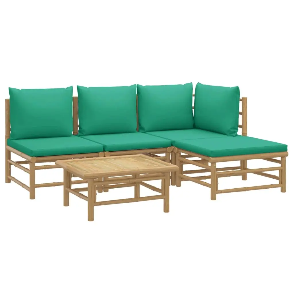 5 Piece Bamboo Outdoor Lounge Set with Green Cushions