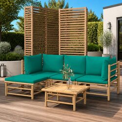 5 Piece Bamboo Garden Lounge Set with Green Cushions