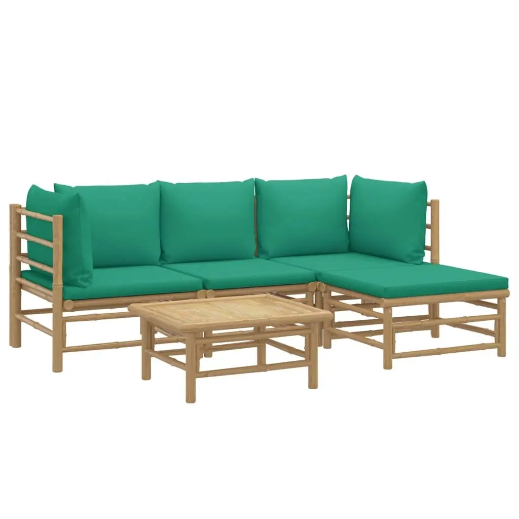 5 Piece Garden Lounge Set Bamboo Outdoor Furniture Green Cushions Brown