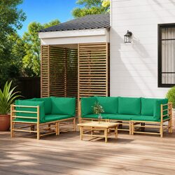 6-Piece Bamboo Outdoor Lounge Set with Green Cushions