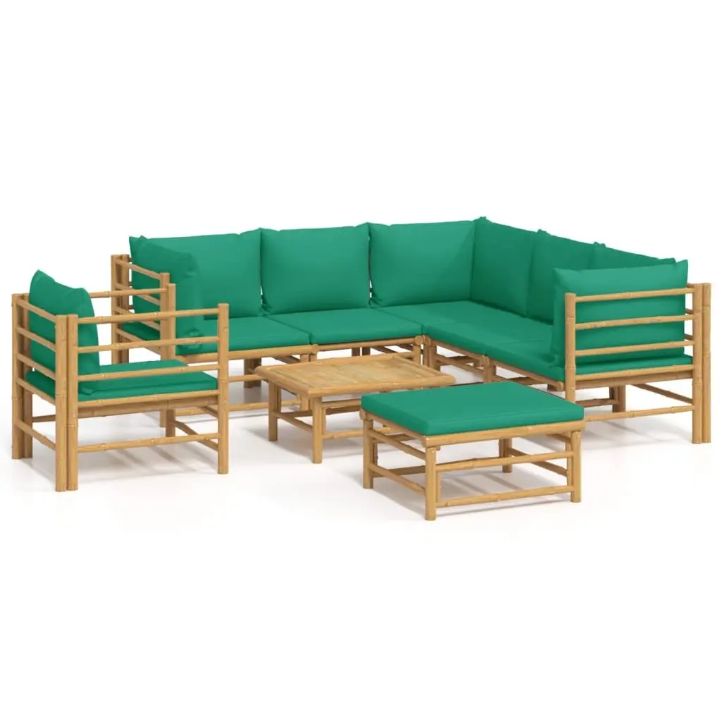 Bamboo Lounge Set 8 Piece Outdoor Furniture Modular Brown with Green Cushions