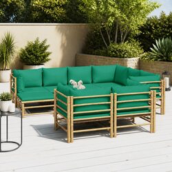 10-Piece Brown Bamboo Garden Lounge Set with Green Cushions
