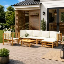 Sturdy 7 Piece Bamboo Garden Lounge Set with Cream Cushions