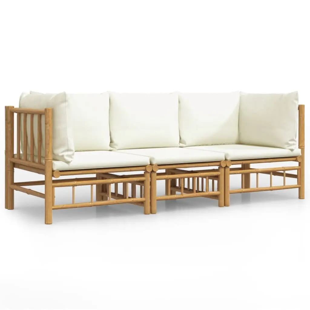 3 Piece Bamboo Garden Lounge Set Outdoor Furniture Brown Cream Cushions