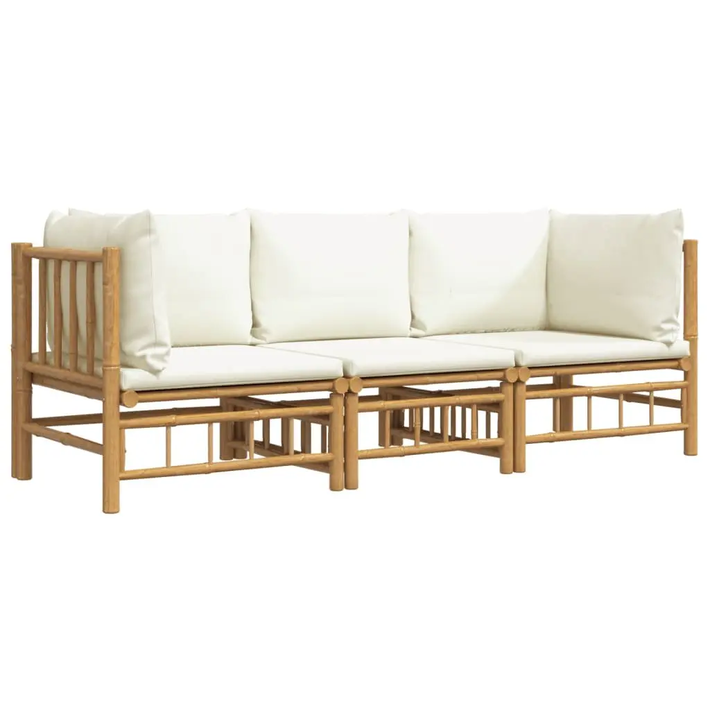 3 Piece Bamboo Garden Lounge Set Outdoor Furniture Brown Cream Cushions