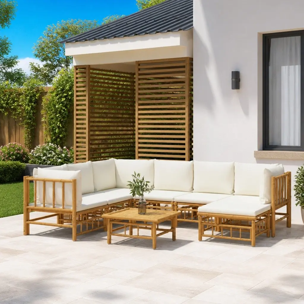 8-Piece Brown Bamboo Garden Lounge Set with Cream Cushions