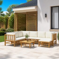 8-Piece Brown Bamboo Garden Lounge Set with Cream Cushions