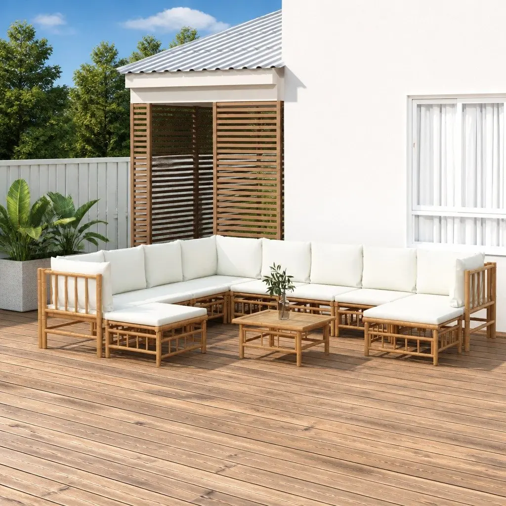 Garden Lounge Set Bamboo 11 Pieces Brown Cream Cushions