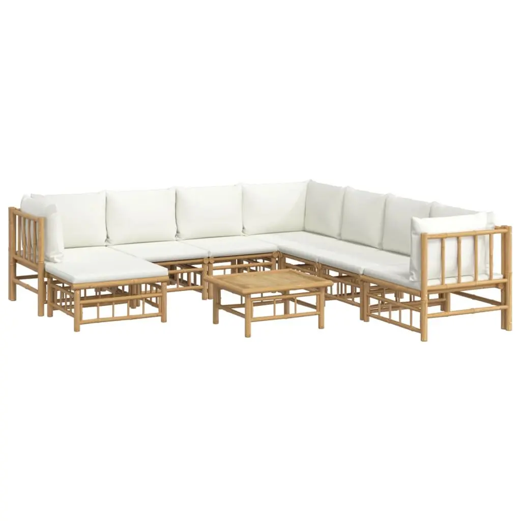 Bamboo Lounge Set 9 Piece Outdoor Furniture Modular Garden Sofa Brown with Cream White Cushions