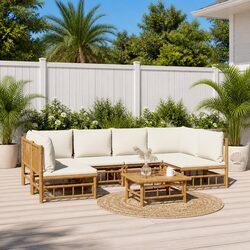 High-Quality 7 Piece Bamboo Lounge Set with Cream Cushions