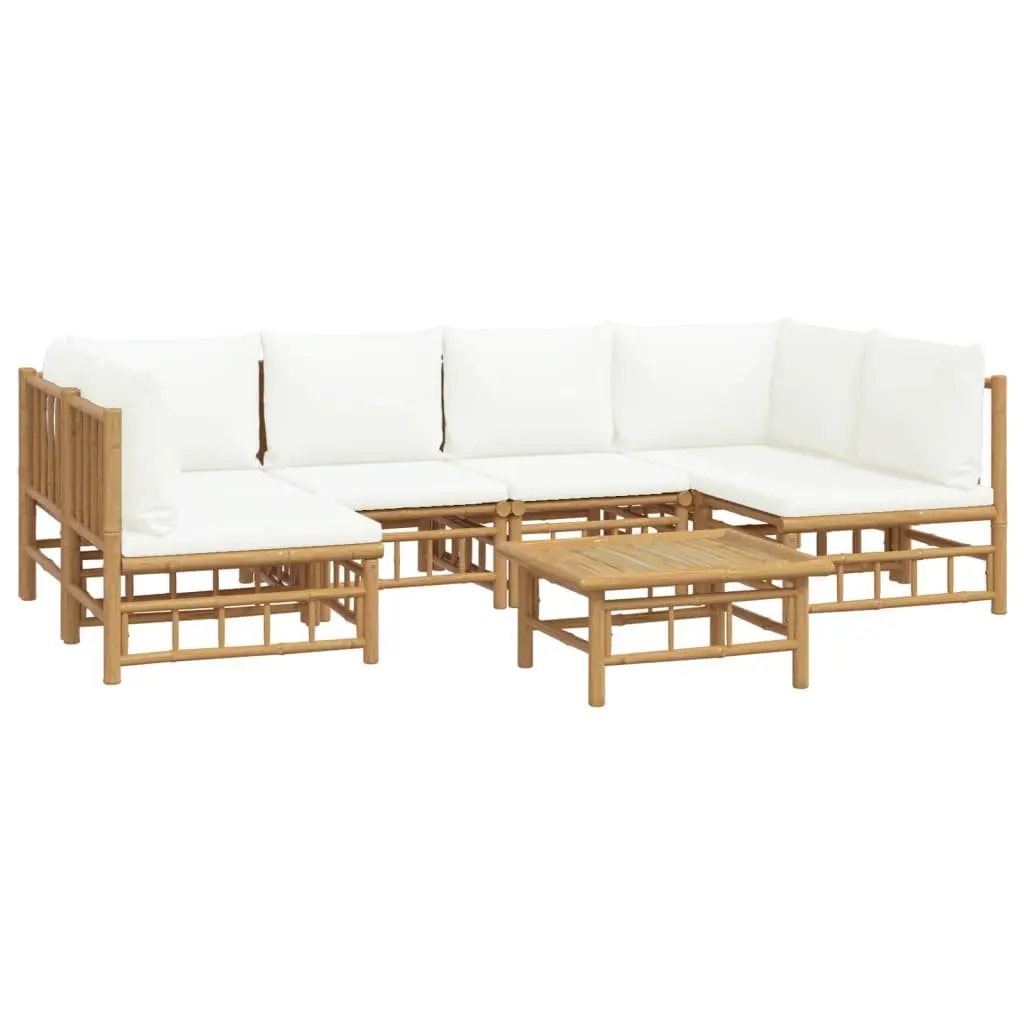 7 Piece Bamboo Garden Lounge Set Cream White Cushions Brown