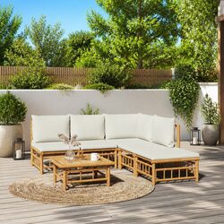 6-Piece Outdoor Bamboo Garden Lounge Set with Cream Cushions