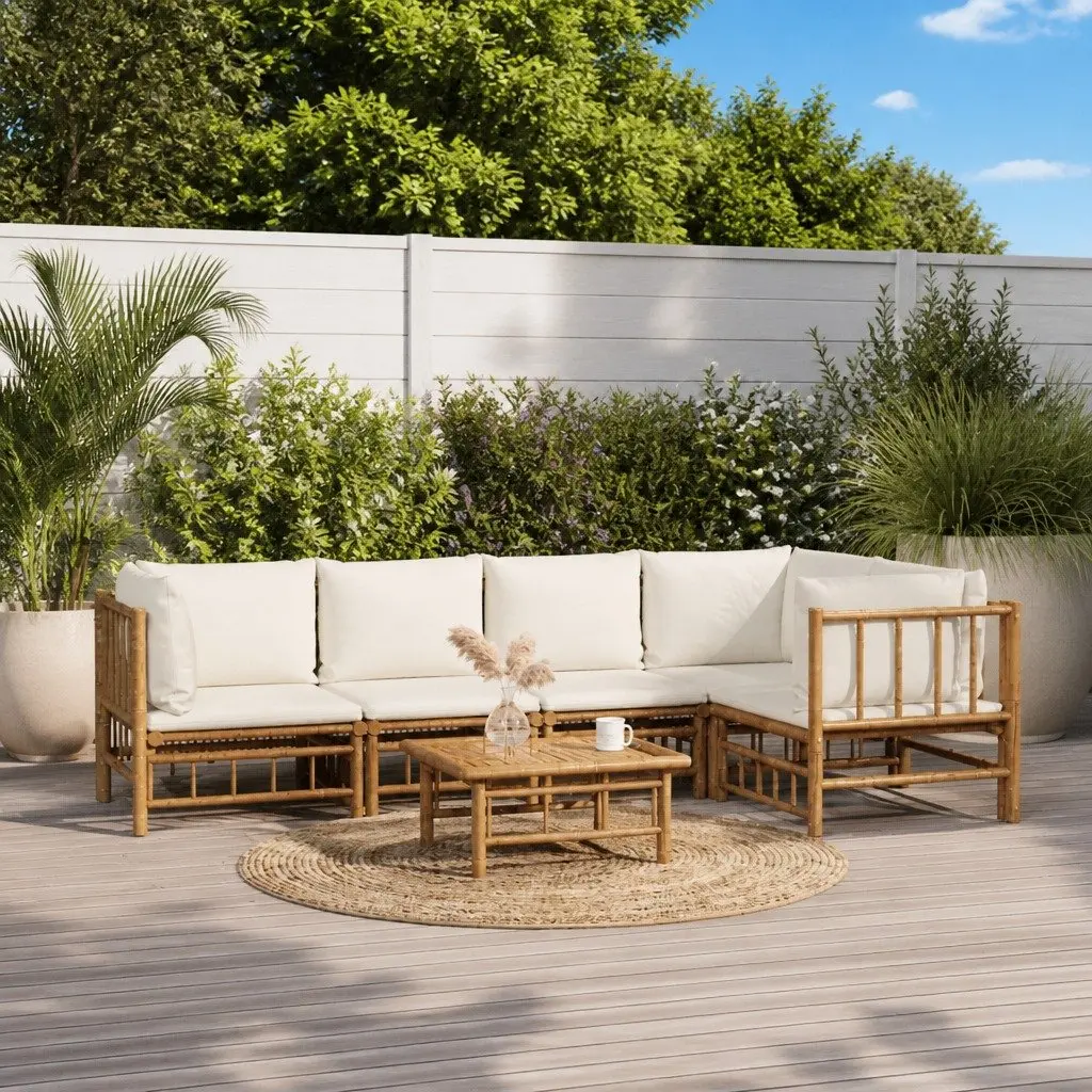 6 Piece Garden Lounge Set Bamboo Modular Outdoor Furniture Brown with Cream Cushions