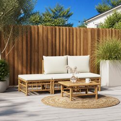 4-Piece Brown Bamboo Garden Lounge Set with Cream Cushions