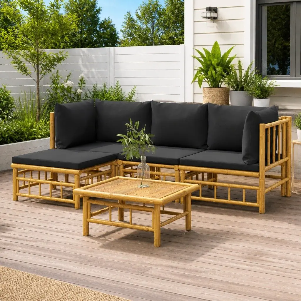 Bamboo Lounge Set 5 Piece Outdoor Furniture with Cushions Brown