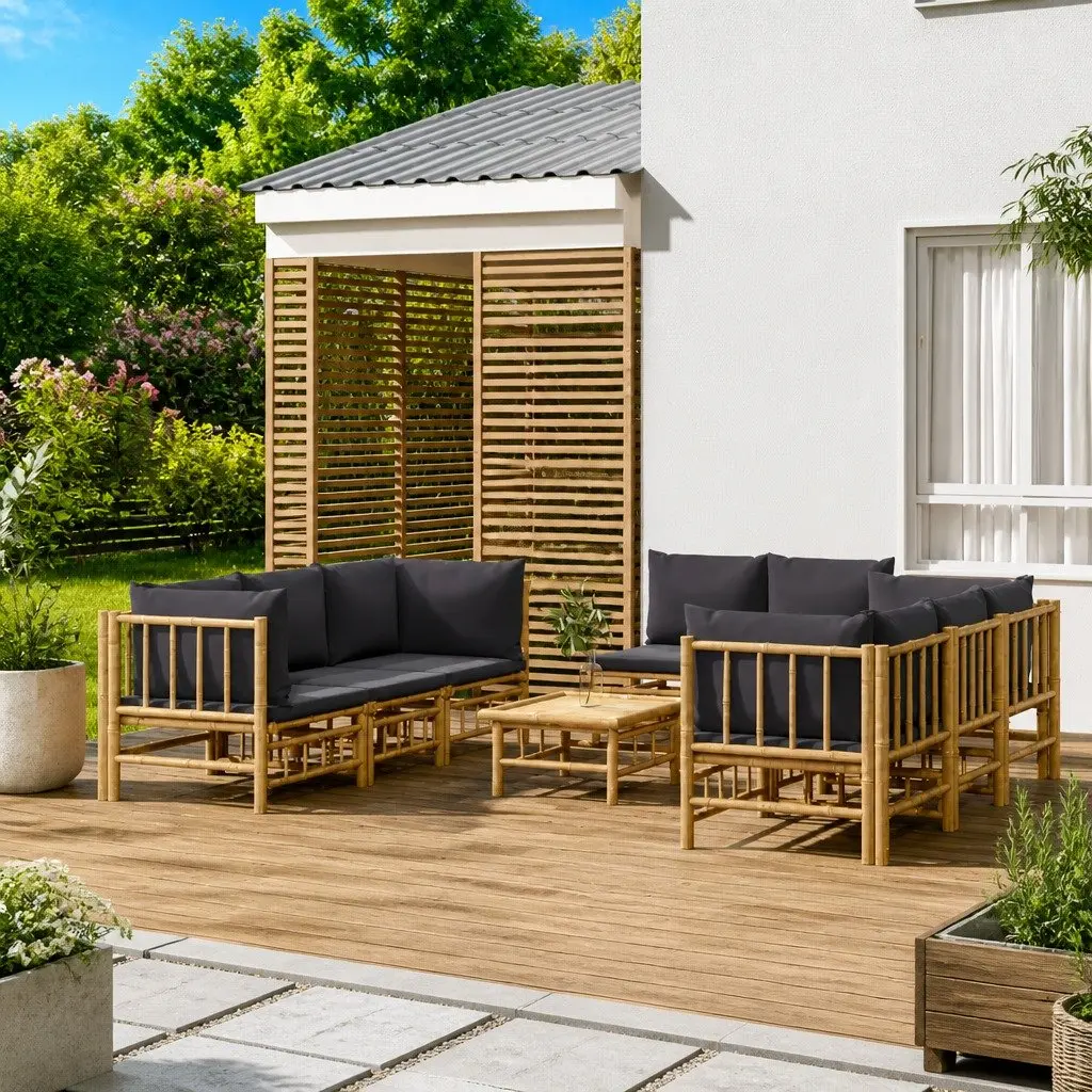 Garden Lounge Set Bamboo 9 Piece Modular Outdoor Furniture Dark Grey Cushions