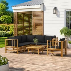 Bamboo Outdoor Lounge Set with Cushions – 7 Pieces in Brown