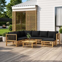 Outdoor 8-Piece Bamboo Lounge Set with Dark Grey Cushions