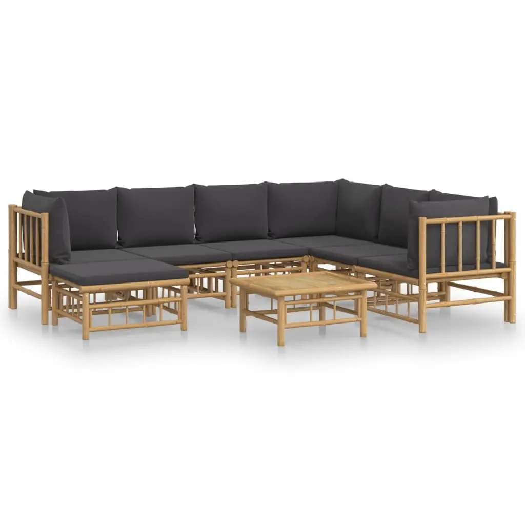 Outdoor 8-Piece Bamboo Lounge Set with Dark Grey Cushions