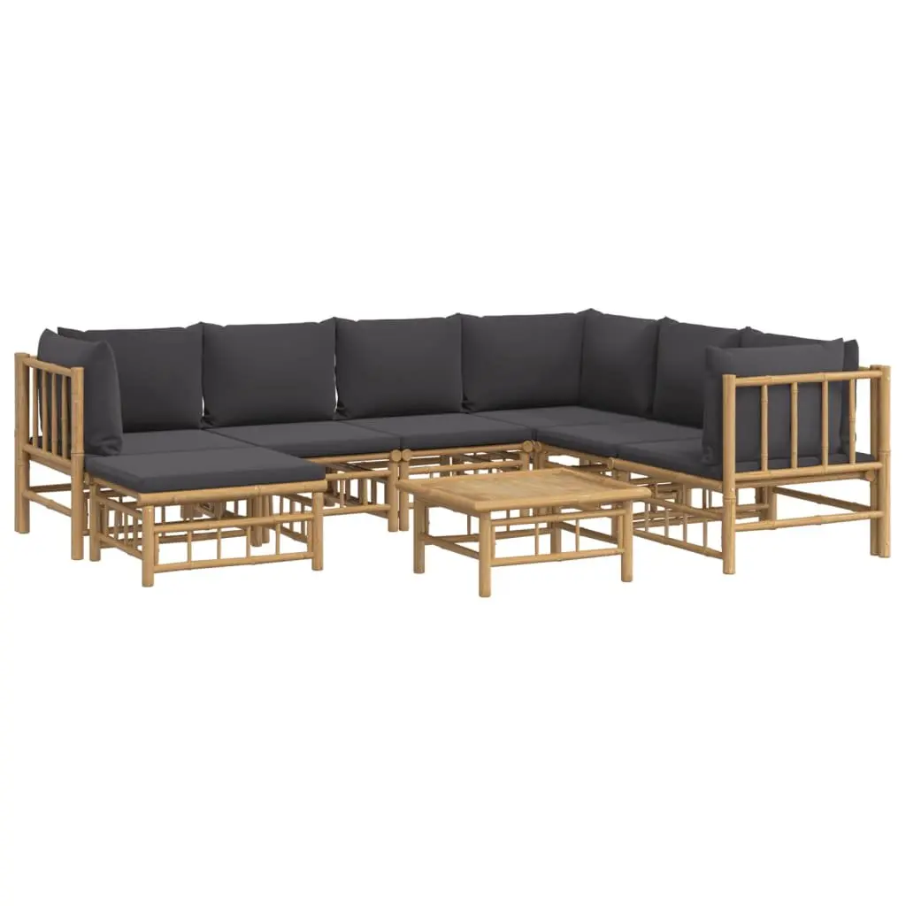 Outdoor 8-Piece Bamboo Lounge Set with Dark Grey Cushions