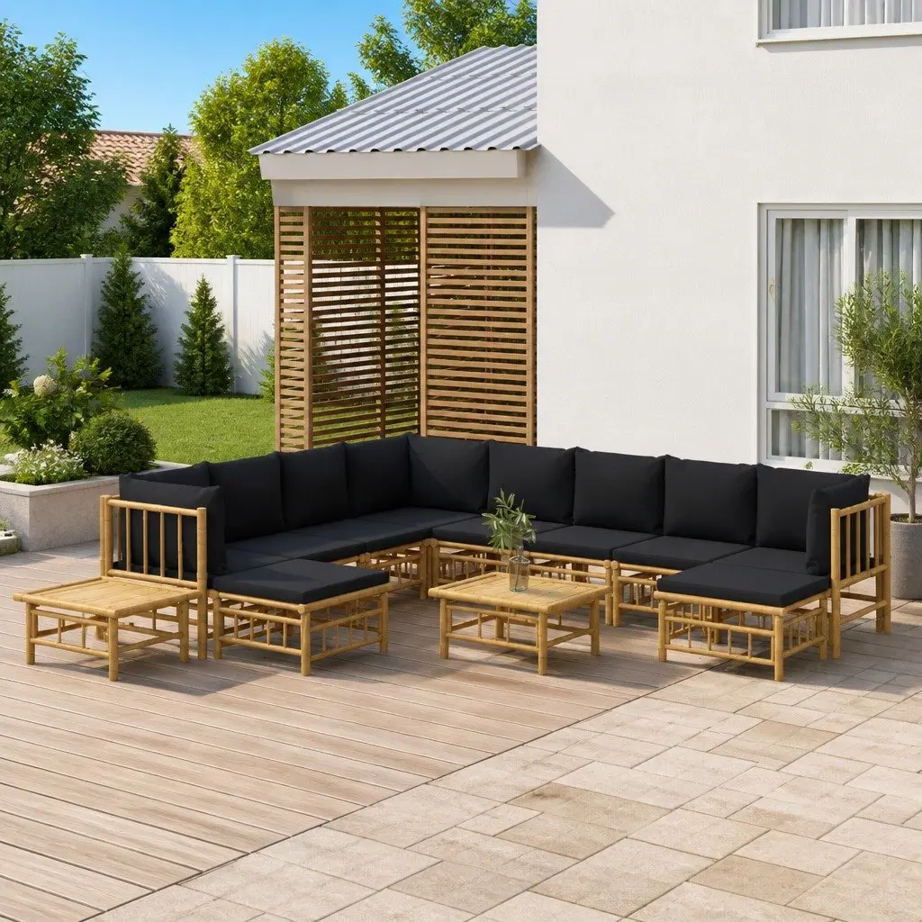 Bamboo Lounge Set 12 Piece Outdoor Furniture with Cushions Brown