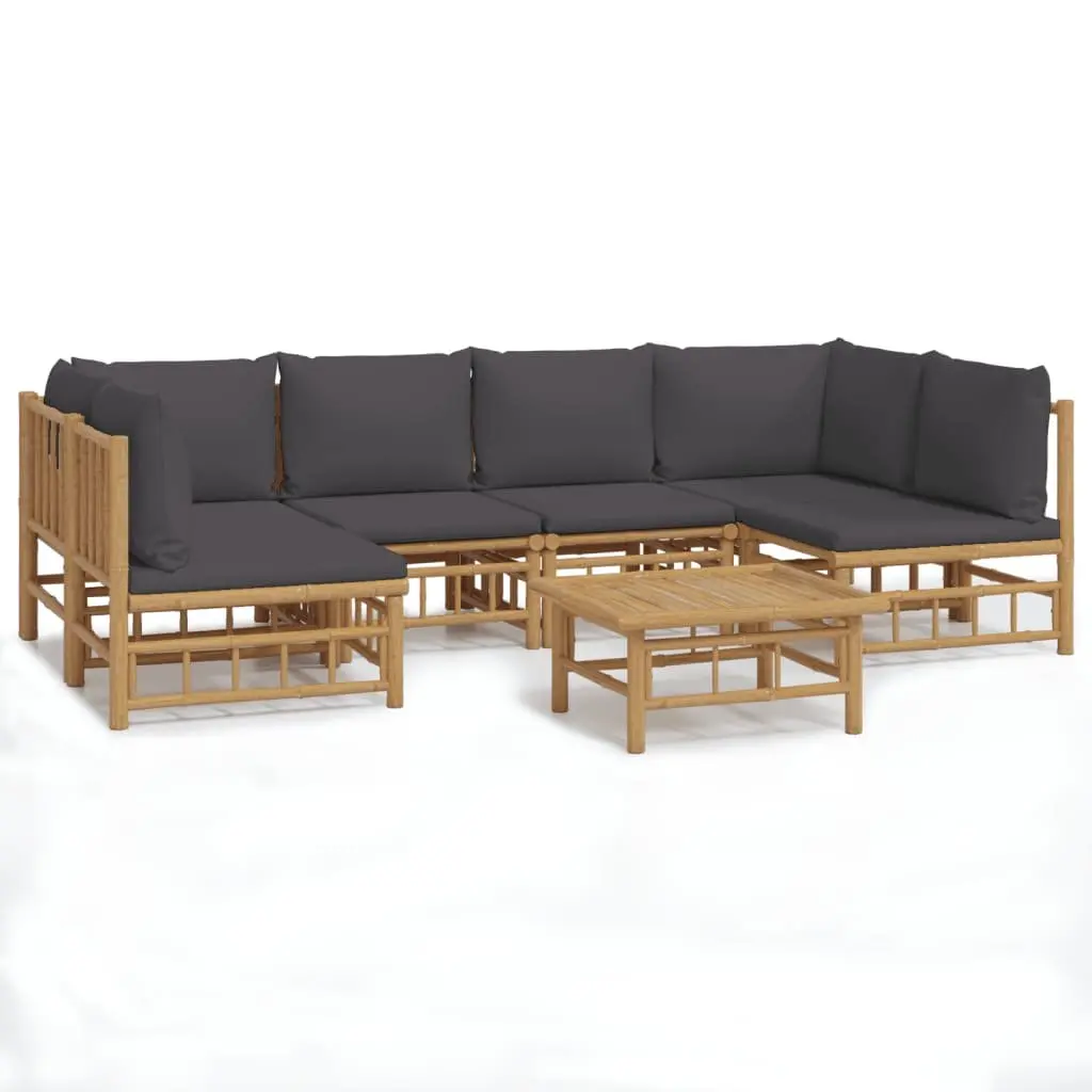7 Piece Bamboo Garden Lounge Set Outdoor Furniture Brown Dark Grey Cushions