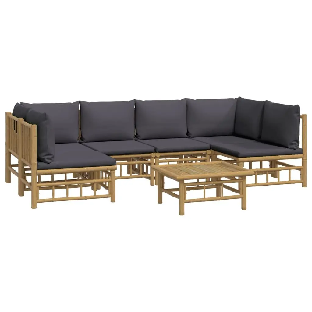 7 Piece Bamboo Garden Lounge Set Outdoor Furniture Brown Dark Grey Cushions