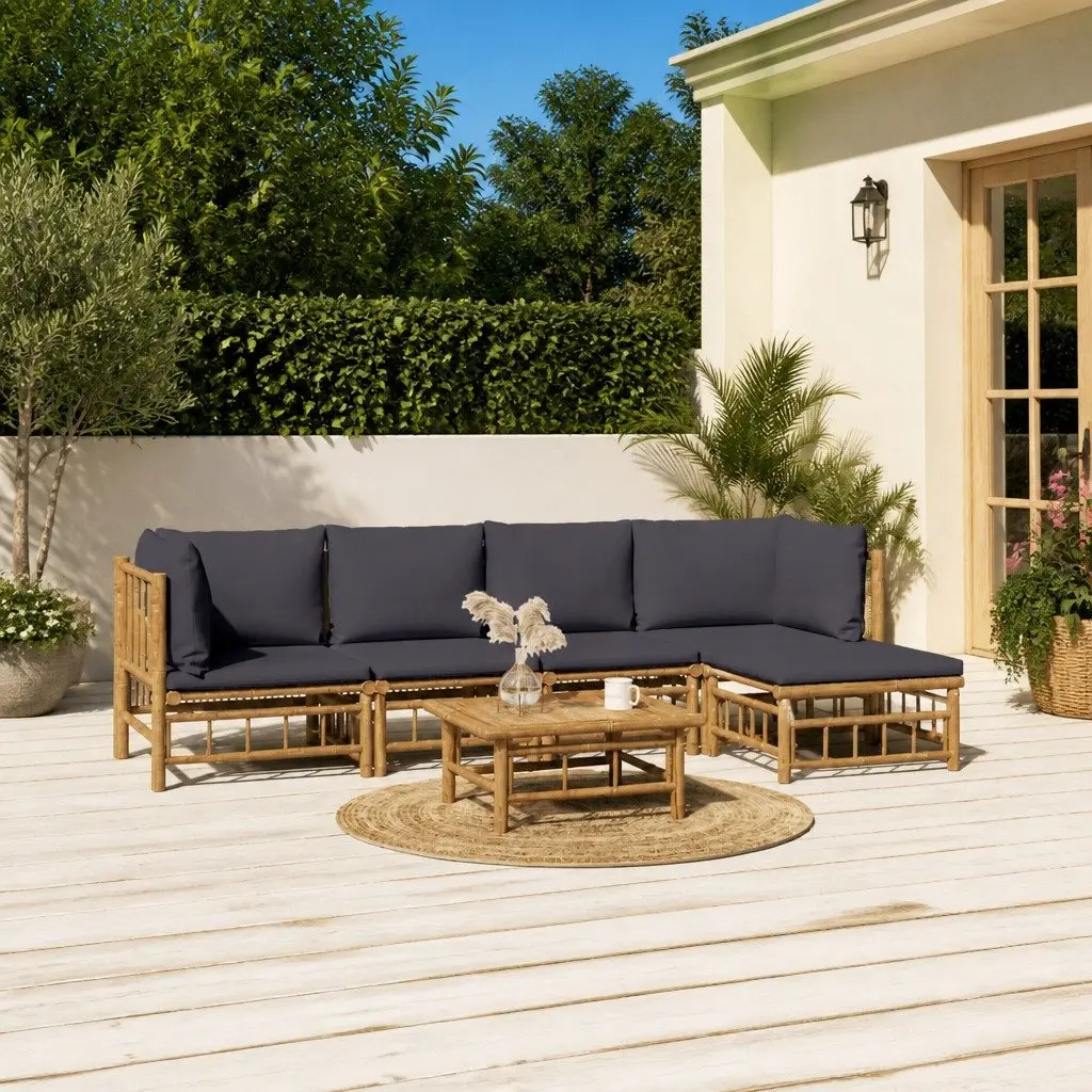 Garden Lounge Set Bamboo 6 Piece Outdoor Furniture Brown with Dark Grey Cushions
