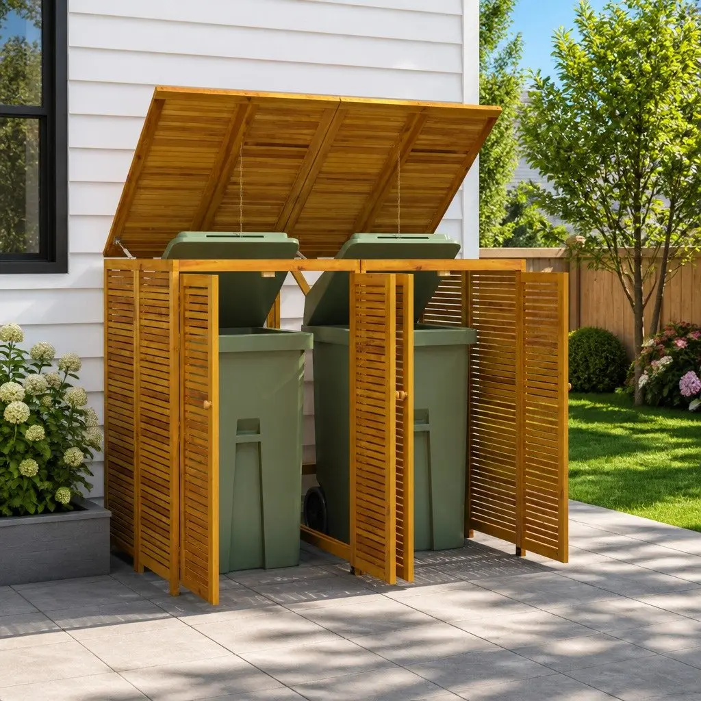 Double Garbage Bin Shed in Brown Wood