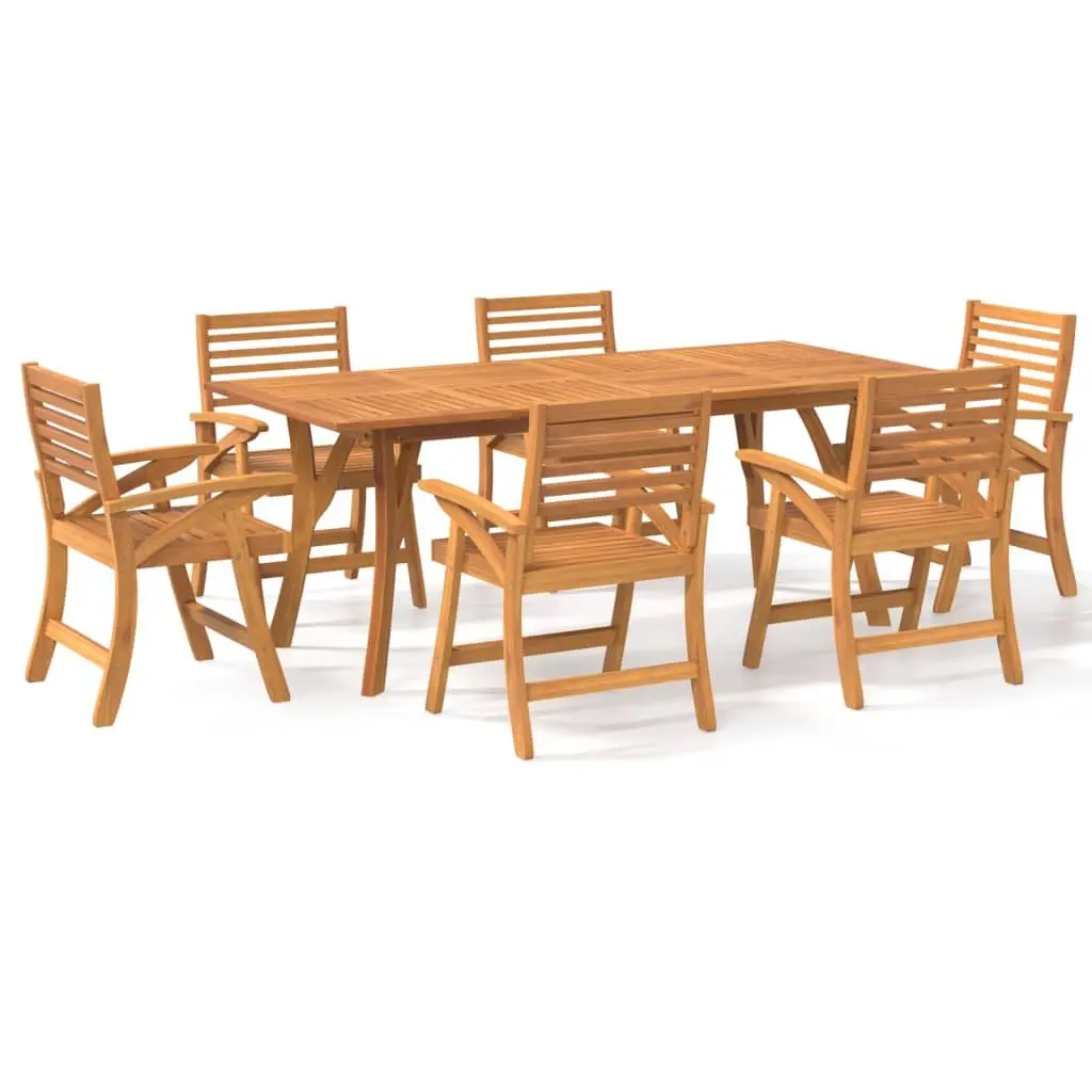 Garden Dining Set Solid Acacia Wood 7 Piece Brown Outdoor Patio Furniture with Slatted Table and Curved Back Chairs