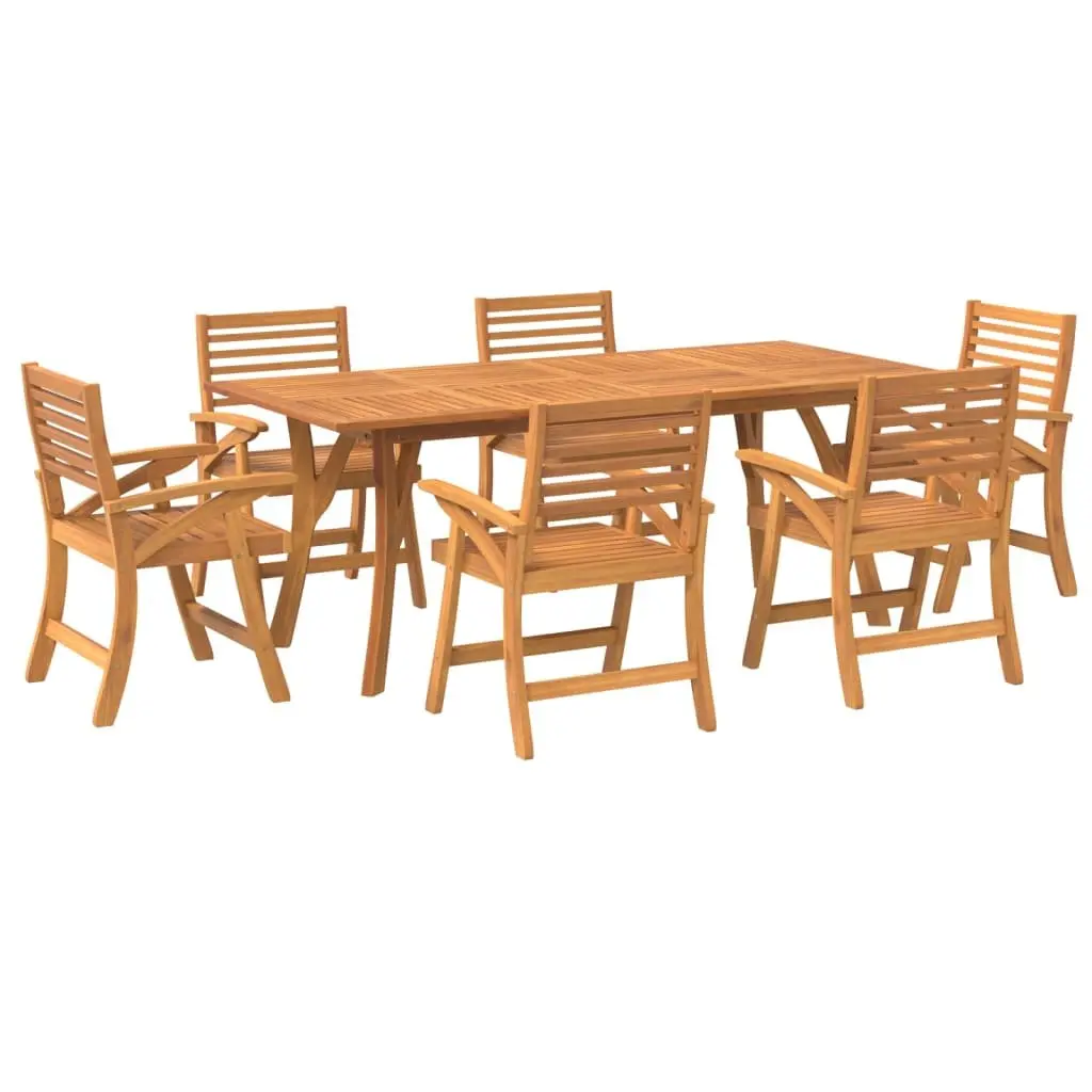 Garden Dining Set Solid Acacia Wood 7 Piece Brown Outdoor Patio Furniture with Slatted Table and Curved Back Chairs