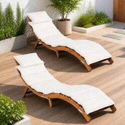 Set of 2 Foldable Acacia Wood Sun Loungers with Cushions