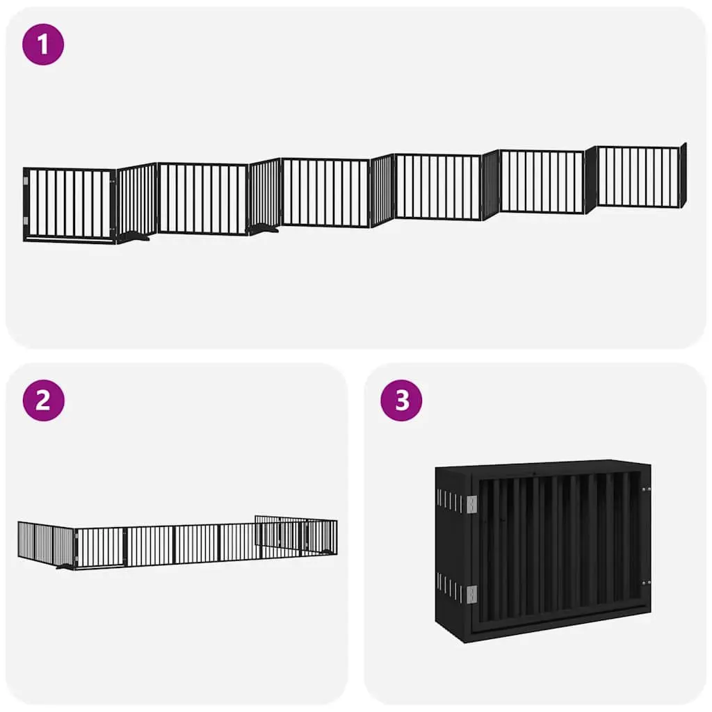 Foldable 12-Panel Black Dog Gate with Door for Pets