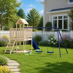 Durable Wooden Playset with Wave Slide and Sandbox