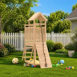 Brown Wooden Playhouse with Climbing Wall and Slide