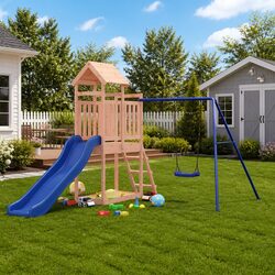 Wooden Outdoor Playset with Swing Slide and Sandbox