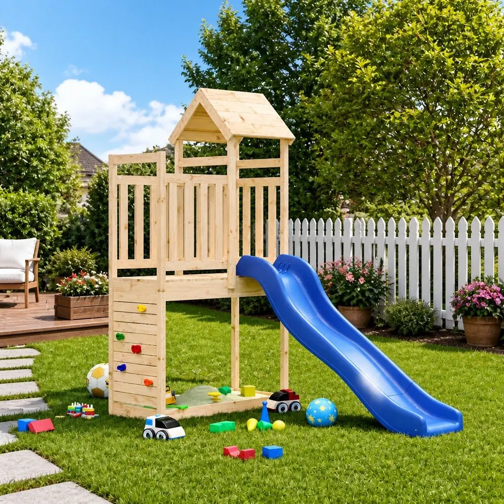 Wooden Climbing Frame Playset with Slide and Sandbox