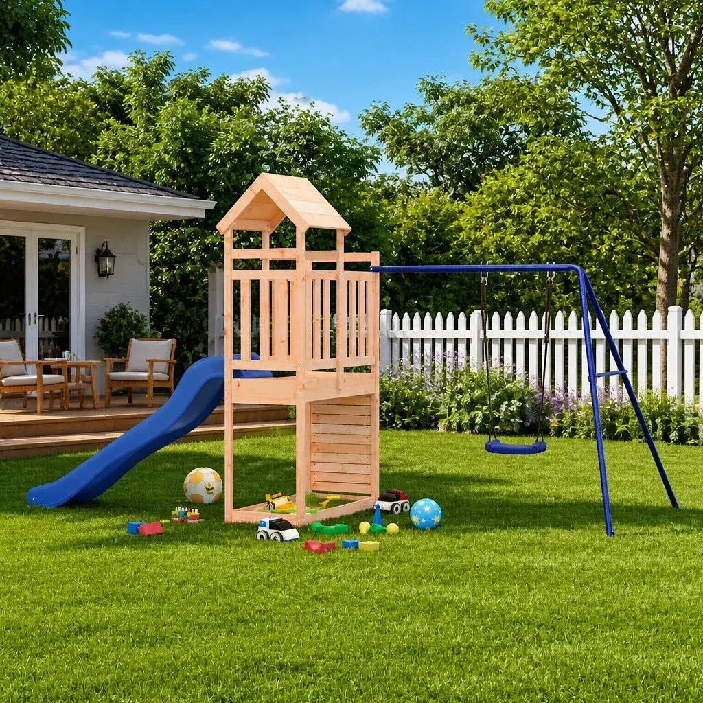 Outdoor Playset Wooden Multi-Activity Climbing Frame Slide Swing Sandbox Brown 90cm
