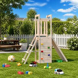 Brown Wooden Climbing Frame with Sandbox and Rockwall