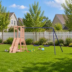 Durable Wooden Outdoor Playset with Swing and Climbing Wall