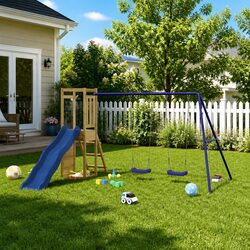 Durable Wooden Playset with Swing, Slide, and Climbing Frame