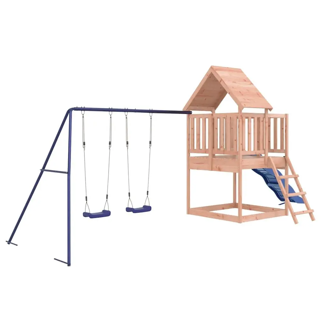 Outdoor Playset Wooden Climbing Frame Double Swing Sandpit Wave Slide Brown 90cm