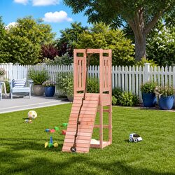Brown Wooden Playhouse with Climbing Wall and Sandbox