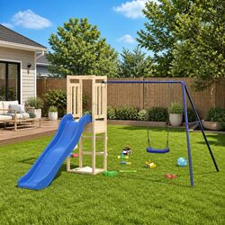 Sturdy Wooden Outdoor Playset with Climbing Frame and Slide