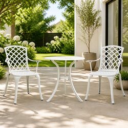 Durable 3 Piece Bistro Set in White Cast Aluminium