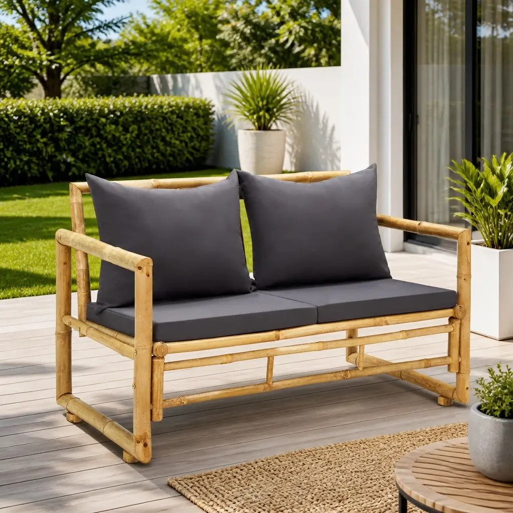 Garden Bench Bamboo 115 cm Grey Padded Cushions Slatted