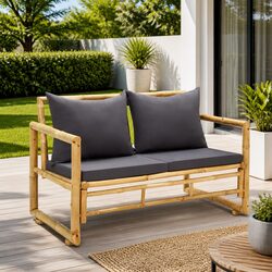 Durable 115 cm Bamboo Garden Bench with Grey Cushions
