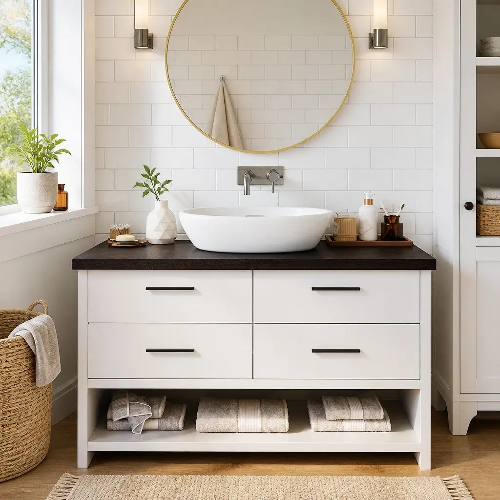 Solid Oak Bathroom Countertop with Dark Brown Finish